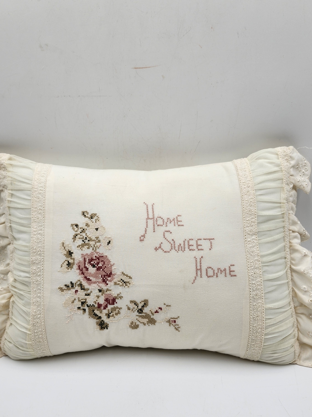 Vintage Home Sweet Home Embroidered Pillow - Cream with Pink Rose Ruffled